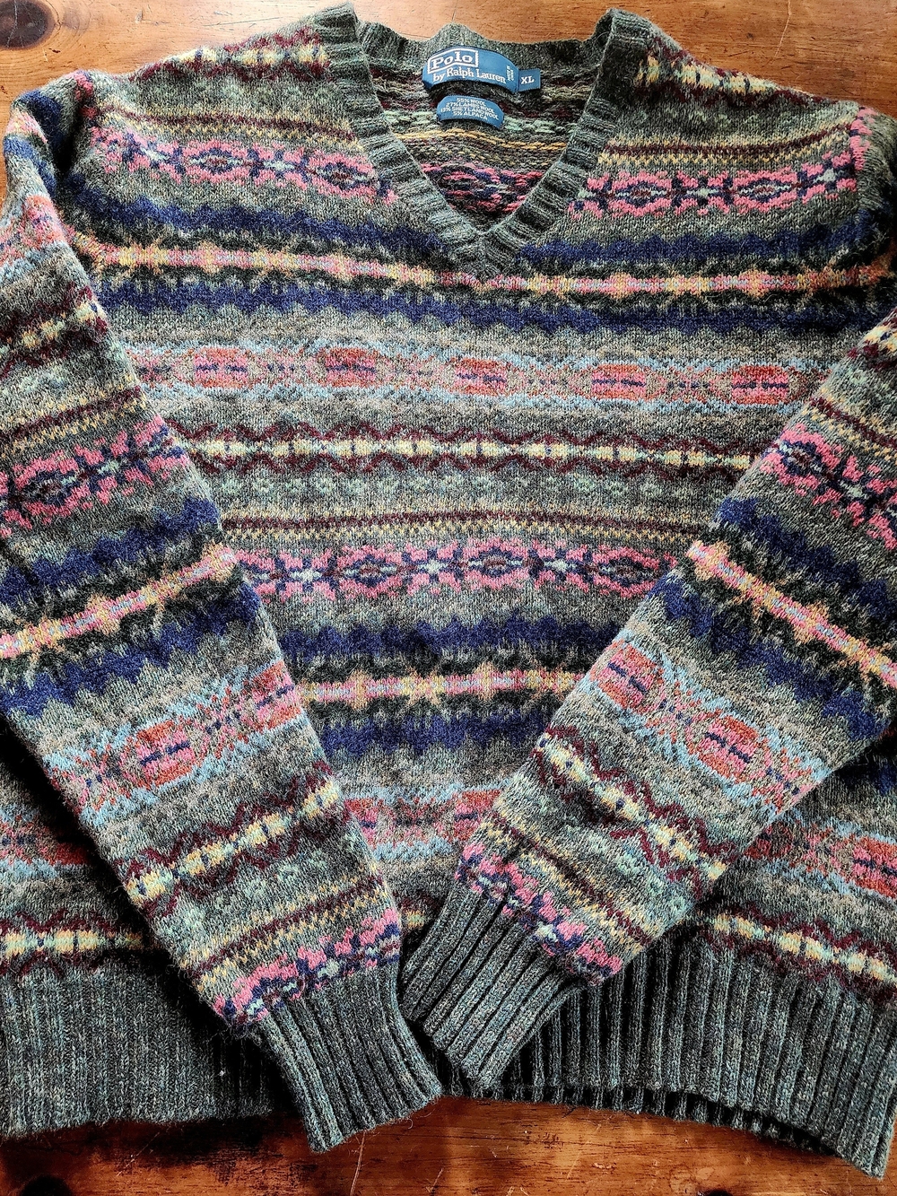 Ralph Lauren Olive Multi V‑Neck Fair Isle Sweater